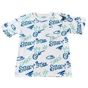 NWT Redwood Size 12 Boy Short Sleeve Crew Neck White Blue Street Graffiti Causal